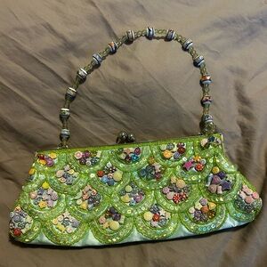Vintage silk beaded green clutch with crossbody chain
